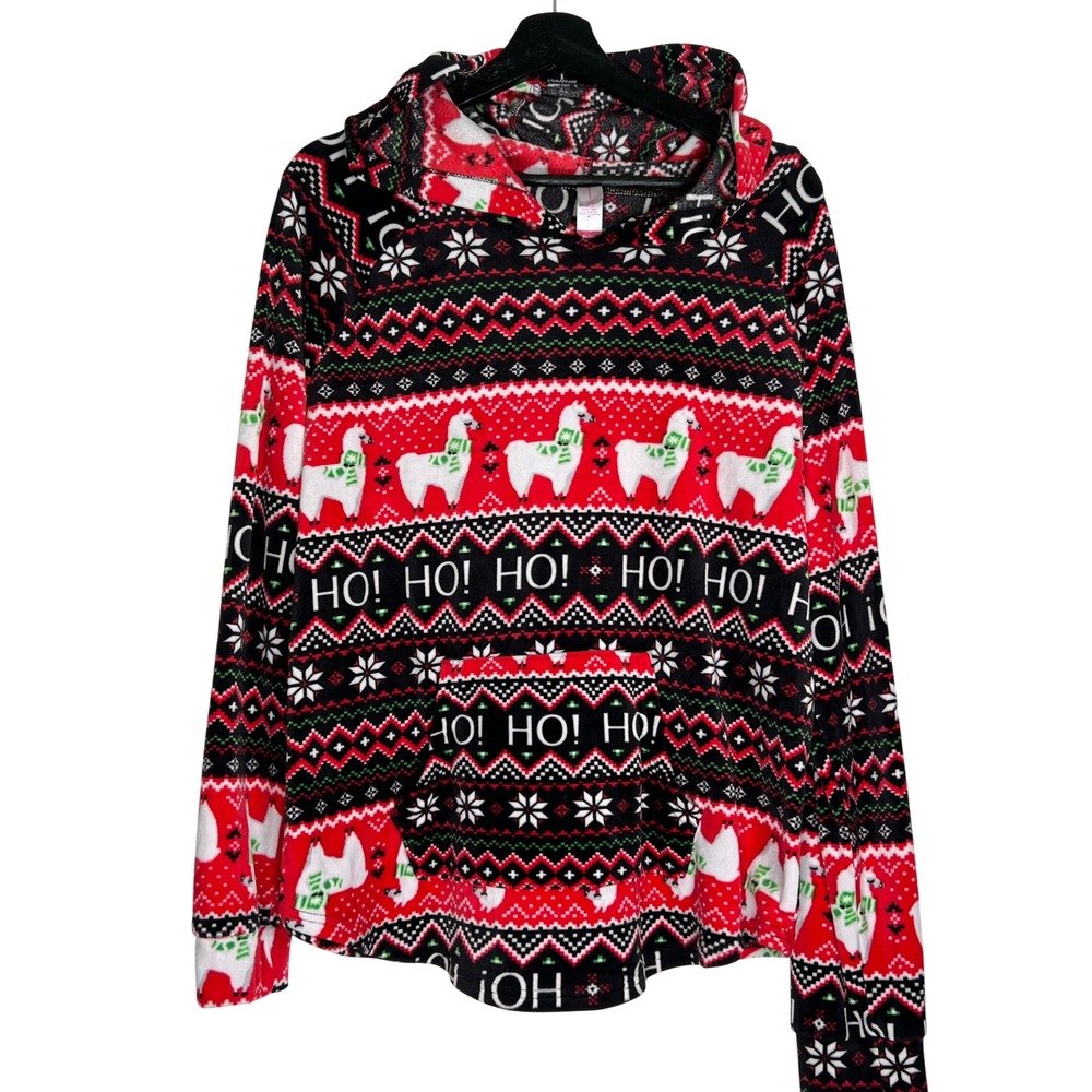 No Boundaries Womens XL Christmas Llama Hoodie Red Black Fair Isle Soft